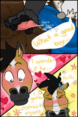 absurd_res animal_genitalia anthro babysitter balls becoming_erect belly_rub bird_dog blush bodily_fluids bowie_(yasuno) breath canid canine canis clothing collar confusion conscience curious domestic_dog duo eager equid equine feral futanari genital_fluids genitals grope_attempt handjob hi_res hoodie horse hunting_dog intersex intersex/male knot_in_sheath labrador lipsticking male mammal nervous panting penile penis penis_tip petsitting precum precum_squirt pup_captain retriever sex sheath speech_bubble topwear towel trans_man transmasc yamatopawa zoophilia