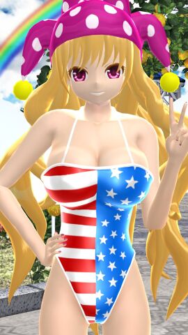 1girls 2023 3d adult_female belly_button blonde-haired_female blue_sky breasts clavicle cleavage clouds clownpiece fairy fairy_wings female garden hand_on_hip hati_yukkuri_mmd headwear hips jester_hat jpeg lampad light-skinned_female light_skin long-haired_female looking_at_viewer mmd one_arm_up outdoors peace_sign pink_eyes rainbow sky smiling_at_viewer solo_female solo_focus stars_and_stripes swimsuit touhou waist wings