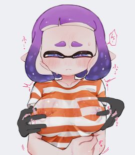 1girls blue_eyes blush breast_grab breasts doro_mizu_831 dubious_consent erect_nipples female grabbing grabbing_another's_breast grabbing_breasts inkling inkling_girl nipple_tweak nipples purple_hair questionable_consent rokka-chan_(doro_mizu_831) short_hair splatoon splatoon_(series) splatoon_oc striped_clothes striped_clothing striped_shirt tentacle tentacle_hair