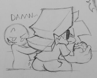 1boy ambiguous_gender anon ass bald big_ass big_butt biting_lip boyfriend_(friday_night_funkin) donut eating fat_ass fat_butt femboy friday_night_funkin fully_clothed hat huge_ass huge_butt icysugarcream male oblivious pencil_(artwork) sitting sketch text thick_ass thick_butt