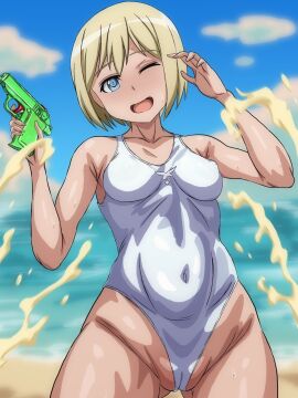 1girls arobiro beach blonde_hair cameltoe erica_hartmann female female_focus highleg_one-piece_swimsuit highleg_swimsuit imminent_bukkake nipple_bulge one-piece_swimsuit short_hair small_breasts solo_focus strike_witches suprise_cumshot swimsuit water_gun white_swimsuit wink world_witches_series