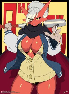 1girls anthro ayase_seiko_(cosplay) baseball_bat big_breasts blaziken breasts cigarette cosplay dandadan earrings eye_visible_through_hair female female_only generation_3_pokemon glasses green_eyes hair_over_one_eye hanako_(lyorenth-the-dragon) hi_res inner_sideboob looking_at_viewer lyorenth-the-dragon nintendo open_clothes pokemon pokemon_(species) solo thick_thighs tied_hair white_hair yellow_sclera