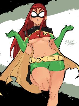 belt breasts cape clothing cosplay crop_top dc dc_comics domino_mask eyewear female female_only gloves green_gloves green_shorts kenshin187 koriand'r large_breasts long_hair looking_at_viewer mask medium_breasts midriff navel parted_lips red_hair robin_(dc) robin_(dc)_(cosplay) short_shorts shorts solo standing starfire superhero teen_titans thick_thighs thighs tight_clothing underboob
