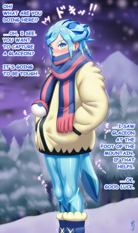 1boy anthro aozame_takao blue_eyes blue_hair clothing duo eeveelution generation_4_pokemon glaceon glacier hair human jacket latex latex_transformation male male/male mammal mountain nintendo png pokeball pokemon pokemon_(species) scarf skinsuit solo suit_transformation tight_clothing topwear transformation winter yellow_eyes