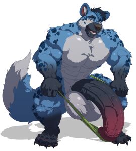anthro balls bara big_balls big_penis black_hair black_penis blue_body blue_fur blue_hair brown_eyes dust_yang erection facial_spots fangs front_view fur genitals grey_body grey_fur hair hi_res huge_balls huge_cock hyena looking_at_viewer male male_anthro mammal multicolored_penis muscular muscular_anthro muscular_male open_mouth penis red_penis red_tongue solo spotted_arms spotted_face spotted_legs standing teeth tongue two-tone_penis vein veiny_penis yaoi