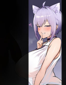 1girls ahoge animal_ear_fluff animal_ears barefoot black_choker blush breasts cat_ears cat_girl cat_tail choker clothed_female_nude_male commentary_request covered_nipples female finger_to_mouth hair_between_eyes half-closed_eyes heart highres hololive hololive_gamers hololive_japan hoshara huge_breasts large_penis looking_at_viewer male nekomata_okayu nude penis purple_hair see-through see-through_shirt see-through_silhouette seiza shadow shirt short_hair sitting sleeveless smile solo_focus tail virtual_youtuber