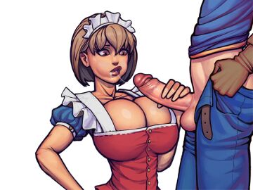 1boy 1girls alice_(warlock_and_boobs) big_breasts blowjob boobsgames breasts brown_hair cum_in_mouth female holding_penis human human_only krowly_mccormick maid maid_headdress maid_outfit maid_uniform male penis red_eyes straight swallowing_cum unseen_male_face warlock_and_boobs