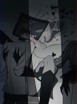 behind_curtain behind_curtains blouse caught caught_in_the_act full_nelson holding_legs_up looking_at_viewer robe tongue tongue_out valentino_(hazbin_hotel) vox_(hazbin_hotel)