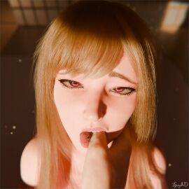 1boy 1girls 3d 3d_(artwork) blonde_hair blurry_background cross-eyed female female_focus finger_in_mouth kitagawa_marin lips long_eyelashes looking_at_viewer male open_mouth piercing pink_eyes sono_bisque_doll_wa_koi_wo_suru tipsynd tongue_piercing