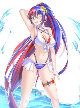 1girls ;d absurdres alear_(female)_(seaside_dragon)_(fire_emblem) alear_(fire_emblem) alear_(fire_emblem)_(female) alternate_costume alternate_hairstyle arm_up armpits ass_visible_through_thighs bare_legs bare_shoulders bikini blue_bikini blue_eyes blue_hair blue_swimsuit breasts feet_out_of_frame female female_only fire_emblem fire_emblem_engage fire_emblem_heroes flower hair_flower hair_ornament highres large_breasts looking_at_viewer multicolored_hair navel nintendo official_alternate_costume official_alternate_hairstyle one_eye_closed open_mouth ponytail red_bikini red_hair red_swimsuit smile solo split-color_hair standing stomach succducc888 swimsuit thighs white_bikini white_swimsuit yellow_flower