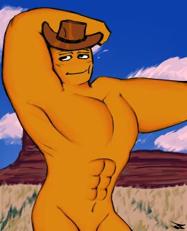 1boy abs animate_inanimate anthro biceps buff chicken_nugget clouds cowboy cowboy_hat ermus_whattus_yulius food gegagedigedagedago hat headwear humanoid iltdk joke kappi0 loaltoff male male_only max_design_pro meme muscular muscular_male naked not_porn nude nugget nugget_(max_design_pro) orange_body outdoors pecs pectorals roblox roblox_face self_upload sky smile solo tagme