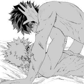 2boys arms_up bakugou_katsuki blush boku_no_hero_academia cum cum_on_body eye_contact fishseven gay gay_male greyscale hand_on_another's_head implied_after_sex izuku_midoriya looking_at_another lying male male_focus midoriya_izuku monochrome multiple_boys multiple_males multiple_scars my_hero_academia navel on_back profile scar scar_on_arm short_hair simple_background small_sweatdrop spiked_hair sweat upper_body white_background yaoi