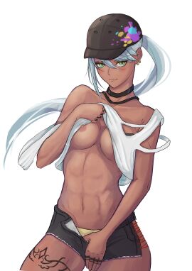 abs athletic athletic_female blue_hair breasts cap dark-skinned_female dark_skin female flashing_breasts green_eyes hoshinatsue isla_(kof) king_of_fighters latina nip_slip nipple_slip pants_pull ponytail shirt_lift small_breasts teasing teasing_viewer thigh_tattoo tomboy