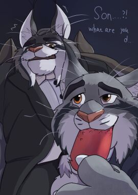 2025 anthro balls canada_lynx clothing dasoowolf dialogue disney duo english_text erection father_(lore) father_and_child_(lore) father_and_son_(lore) felid feline genitals grey_body hi_res incest_(lore) lynx male male/male mammal milton_lynxley oral parent_(lore) parent_and_child_(lore) parent_and_son_(lore) pawbert_lynxley penis sex shirt son_(lore) suit text topwear zootopia
