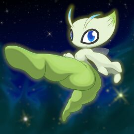 absurd_res adeviantcritter ambiguous_gender antennae_(anatomy) anthro ass blue_eyes bubble_ass bubble_butt celebi fairy floating forest generation_2_pokemon glowing green_body hi_res kick legendary_pokemon looking_at_viewer night nintendo nude plant png pokemon pokemon_(species) solo tree