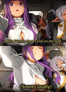 1boy 2girls accidental_exposure alternate_version_available boob_window braless breasts breasts_out button_down_shirt button_gap car censored elf english_text female female_focus fern_(sousou_no_frieren) frieren khyleri male meme multiple_females multiple_girls no_bra purple_eyes purple_hair red_hair sleeping snoring sousou_no_frieren stark_(sousou_no_frieren) text text_censor vomit white_dress white_hair