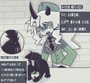 black_cat black_fur blush blushing_at_partner cat_form close_up_pussy feline female fundamental_paper_education green_clothing lesbian lesbian_rape looking_at_ass looking_at_partner miss_circle miss_circle_(fundamental_paper_education) miss_grace_(fundamental_paper_education) principal principal_and_teacher pussy pussy_juice size_difference spiky_tail tail_grab tail_pull teacher wet_pussy white_hair yuri zoophilia