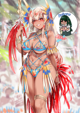 1girls bare_shoulders before_and_after bikini black_hair blue_bikini blush bracelet breasts cleavage dark-skinned_female dark_skin earrings eyeliner female female_only freckles grin hair_ornament highres holding holding_polearm holding_weapon jewelry jimiko large_breasts long_hair looking_at_viewer makeup multiple_views navel nekoguchi original polearm red_eyes skindentation smile solo spear sweatdrop swimsuit thighlet weapon white_hair