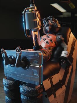 3:4 3d anthro bondage bound brown_body brown_fur claws clothed clothing digital_media_(artwork) erection feet fur genitals guardians_of_the_galaxy headgear hi_res laboratory looking_pleasured machine male mammal marvel marvel_comics penile penis penis_milking procyonid raccoon ralic_turman restrained restraints rocket_raccoon science_fiction simple_background solo submissive toe_claws
