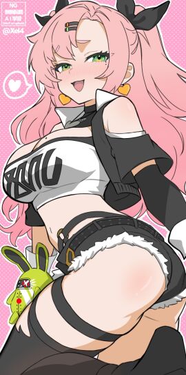 bare_shoulders black_ribbon black_thighhighs blush breasts cleavage clothing_cutout crop_top cropped_jacket denim denim_shorts female from_side fur-trimmed_shorts fur_trim green_eyes highres large_breasts looking_at_viewer navel nicole_demara open_mouth pink_hair ribbon shorts shoulder_cutout skindentation stomach strapless thigh_strap thighhighs tube_top twintails xel4 zenless_zone_zero