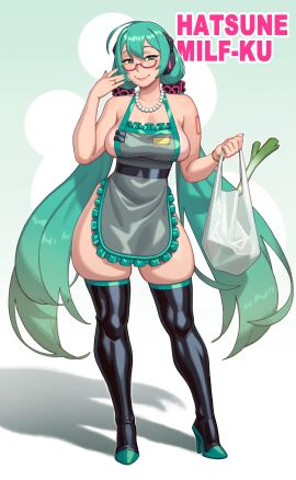 1girls absurd_res apron ass bag big_ass big_breasts big_butt black_legwear breasts curvy english_text female female_only glasses hatsune_miku hatsune_milf-ku jewelry looking_at_viewer looking_back married_female milf pearl_necklace plump rizdraws sagging_breasts sideboob skindentation smiling smiling_at_viewer smirk smirking solo text thick_ass thick_thighs thigh_squish thighhighs thighs thighs_bigger_than_head thin_waist twintails vocaloid white_background