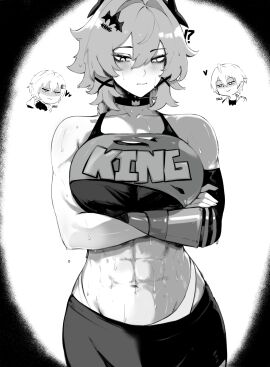 !? 1boy 2024 2girls abs accessory athletic athletic_female belle_(zenless_zone_zero) breasts caesar_king caesar_king_(zenless_zone_zero) choker female grey_hair heart heart_symbol hoyoverse large_breasts male masoq095 mihoyo monochrome prosthetic_arm slim_waist sports_bra sweat sweatdrop sweating tomboy toned toned_female wise_(zenless_zone_zero) zenless_zone_zero