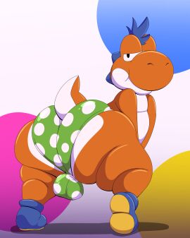 1boy absurd_res aged_up anthro ass bedroom_eyes big_ass big_butt bulge clothing detailed_bulge footwear hair hi_res looking_at_viewer looking_back male mario_(series) narrowed_eyes nintendo orange_body panties paper_mario:_the_thousand_year_door seductive shoes solo super_mario_bros. tepigfan101 the_great_gonzales_jr underwear wrestler yoshi