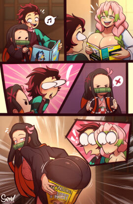 1boy 2025 2girls ass ass_awe big_ass big_breasts book books breast_awe breasts bubble_ass bubble_butt demon_slayer female hi_res high_resolution highres huge_ass huge_breasts kamado_nezuko kamado_tanjirou kanroji_mitsuri kimetsu_no_yaiba male ouch_meme pantyhose pantylines semidraws thick_ass