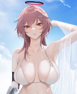 1girls absurd_res absurdres adult arm_behind_head arm_up armpits azur_lane bare_armpits bare_arms bare_belly bare_chest bare_midriff bare_shoulders bare_skin belly bikini bikini_top black_halo blue_sky breasts cleavage clouds collarbone covered_nipples day daytime dot_nose dripping_wet duca_degli_abruzzi_(azur_lane) elbows exposed exposed_armpits exposed_arms exposed_belly exposed_midriff exposed_shoulders eyebrows_visible_through_hair female female_focus female_only hair_between_eyes hair_ornament half_naked halo hand_behind_head hand_up head_tilt high_resolution highres large_breasts light-skinned_female light_skin lips long_hair looking_at_viewer mechanical_arm naked naked_female nude nude_female ohisashiburi outdoors outside parted_lips pink-haired_female pink_eyebrows pink_hair red-eyed_female red_eyes red_halo shoulders simple_background sky slender_body slender_waist slim_female slim_waist solo standing string_bikini swimsuit swimwear thin_waist tilted_head upper_body veil wet wet_belly wet_body wet_breasts wet_face wet_hair wet_skin white_bikini white_bikini_top white_string_bikini white_swimsuit white_swimwear white_veil