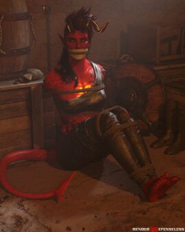 1girls 3d baldur's_gate_3 barefoot bondage bound_legs clothed_bondage female female_only fully_clothed fully_clothed_female gagged horns karlach red-skinned_female red_skin rendereddefenseless solo tail tiefling