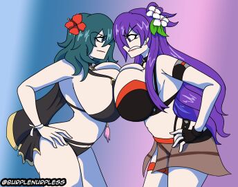 2girls alternate_costume angry armpits bare_arms bare_midriff bare_thighs bent_over bikini bikini_skirt black_bikini black_swimsuit blue_background blue_eyes breast_press breasts burplenurpless byleth_(fire_emblem) byleth_(fire_emblem)_(female) capelet choker cleavage clenched_teeth competition confident female female_only fingerless_gloves fire_emblem fire_emblem:_three_houses fire_emblem_warriors:_three_hopes flower glaring gloves gradient_background hair_between_eyes hair_flower hair_over_one_eye hands_on_own_hips hourglass_figure huge_breasts long_hair looking_at_another medium_hair midriff multiple_females multiple_girls navel nintendo official_alternate_costume purple_background purple_eyes purple_hair shez_(fire_emblem) shez_(fire_emblem)_(female) sideboob standing swimsuit symmetrical_docking teal_hair thick_thighs very_long_hair wide_hips