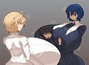 1boy 2girls alternate_breast_size alternate_version_available arcueid_brunestud ass ass_expansion between_breasts black_hair blonde_hair blue_eyes blue_hair body_transformation breast_expansion breast_growth breast_growth_(enlargement) breast_squish breasts breasts_bigger_than_head breasts_bigger_than_torso ciel_(tsukihime) clothed enormous_breasts expansion female figure_transformation gigantic_ass gigantic_breasts hourglass_figure huge_ass huge_breasts hyper hyper_breasts kumomogi male melty_blood pressing_breasts_together red_eyes shocked size_comparison size_difference small_sub_big_dom smaller_male squeezing surprised tohno_shiki top_heavy transformation trapped trapped_in_breasts tsukihime tsukihime_(remake) type-moon vampire vampire_girl