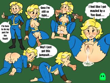 1girls blonde_hair blush breasts clip clips clothing cum exposed_breasts fallout fellatio female jumpsuit kneeling male medium_breasts mob_face multiple_boys multiple_males multiple_penises no_artist penis pin pov pussy short_hair spread_legs tagme torn_clothes unpinned vaginal_penetration vault_dweller vault_girl
