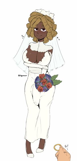 1futa afro_hair blush breasts bridal_gloves bride bulge bulge_under_clothes clothed clothing dark-skinned_female dreadlocks dreads dress female flower flowers fully_clothed futa_only futanari high_heels intersex jeteggs large_breasts locs original original_character pov ring self_upload wedding_dress wedding_ring white_clothing