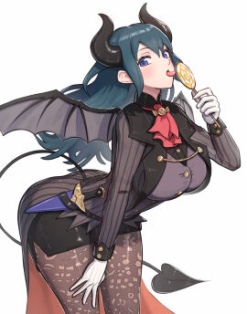 1girls ass bent_over blue_eyes breasts byleth_(fire_emblem) byleth_(fire_emblem)_(female) candy dagger demon female fire_emblem fire_emblem:_three_houses glove gonzarez halloween halloween_costume horn knife licking lollipop nintendo solo stockings succubus succubus_horns succubus_tail succubus_wings tail teal_hair tongue tongue_out weapon wings