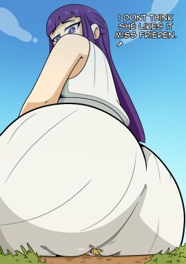 2girls ass ass_focus big_ass blonde_hair buttcrush fairy female fern_(sousou_no_frieren) light-skinned_female light_skin purple_eyes purple_hair sousou_no_frieren suckle_(veruveru21) tagme text veruveru21