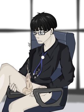 anime anime_boy anime_style black_eyes black_hair blue_lock cum_on_body cumshot dick gay gay_male glasses jinpachi_ego male male_only masturbation only_male only_man penis sitting_on_chair skinny solo_focus