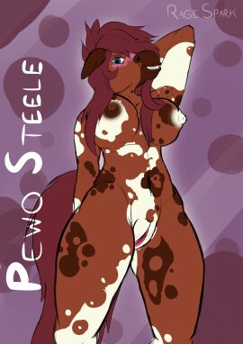 absurd_res animal_genitalia anthro blush brown_body digital_drawing_(artwork) digital_media_(artwork) equid equine equine_genitalia female genitals half-length_portrait hi_res horns_girl horse mammal markings nipples nude portrait pussy simple_background smile smiling_at_viewer solo