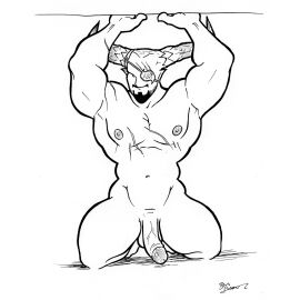 1boy anthro artist_name artist_signature bald balls bara beard bevis_musson biceps black_and_white dragon_age dragon_age_inquisition erection eyepatch eyewear facial_hair horns iron_bull kneeling looking_at_viewer male male_only monochrome muscles muscular muscular_male naked naked_male nipples nude nude_male pansexual_male pecs penis pointy_ears qunari smooth_armpits smooth_chest smooth_penis solo solo_male veiny_penis video_games yaoi