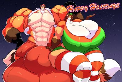 1boy 1girls anthro balls breasts bulge christmas cleavage dogfox female huge_balls huge_breasts huge_bulge hyper hyper_balls hyper_penis jaeh jaehthebird male midriff muscular original penis sitting_on_balls sitting_on_bulge starry_sky stockings thick_thighs wide_hips
