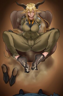 1girls after_footjob arknights big_breasts black_nylon black_socks blonde_hair breasts cum_on_feet degenbrecher_(arknights) dominant_female feet feet_together female flexible_toes foot_fetish fully_clothed horns imcey japanese_text presenting_feet pubes_on_feet shoes_removed steamy_feet suit toes trousers wiggling_toes