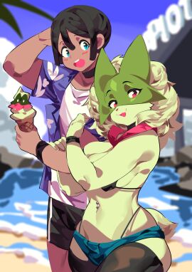 aspirindabaitu big_breasts black_hair blue_eyes breasts cleavage denim denim_clothing denim_shorts female furry huge_breasts meowscarada pokemon pokemon_(species) red_eyes tagme thick_thighs wholesome wide_hips