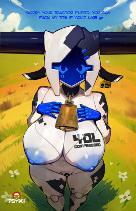 1girls big_breasts blue_eyes blue_sky blush_lines breasts breasts_out cloud clouds cowbell female female_focus female_only flower grass horns psyk323 robot robot_girl screen_face sky