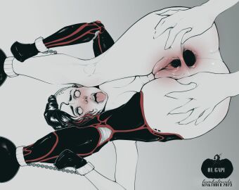 bondage bondage_gear bondage_mittens bound bound_hands chains female femsub gaping gaping_anus gaping_pussy lambslewds open_mouth pussy stockings tongue tongue_out