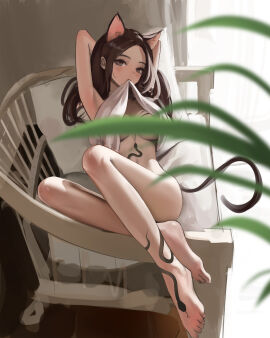 1girls ankle_tattoo arms_behind_head barefoot breasts breasts_out cat_ears cat_tail censored convenient_censoring feet female grey_eyes light-skinned_female light_skin looking_at_viewer mawaw shirt_lift sitting smooth_skin solo solo_female stomach_tattoo
