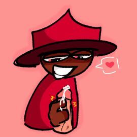 brown_skin cum_drip dave_and_bambi_mod expunged_(rapparep) handjob heart looking_at_penis low_quality male penis red_hat red_shirt smiling