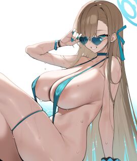 1girls 2d 2d_(artwork) adjusting_eyewear adjusting_glasses adjusting_sunglasses areola_slip asuna_(blue_archive) big_breasts blue-tinted_eyewear blue_archive blue_eyes blue_nails blue_sling_bikini breasts choker cleaning_&_clearing_(blue_archive) covered_nipples day female female_focus female_only hair_over_one_eye high_resolution highres huge_breasts long_hair looking_at_viewer looking_over_eyewear looking_over_glasses looking_over_sunglasses millennium_science_school_student nail_polish one_piece_swimsuit outdoors painted_nails revealing_clothes revealing_swimsuit simple_background slim_female sling_bikini slingshot_swimsuit smiling smiling_at_viewer solo solo_female solo_focus suggestive suggestive_look summer sunglasses swimsuit teal_nails teal_swimwear thigh_strap tinted_eyewear toma_(toma50) voluptuous voluptuous_female water wet wet_body white_background