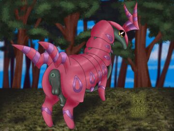 2_tails 4_legs antennae_(anatomy) anus arthropod balls blue_sky feral flared_penis forest funkyfetus generation_5_pokemon genitals grass hair hi_res leaf looking_at_viewer male markings multi_leg multi_limb multi_tail nintendo outside penis plant pokemon pokemon_(species) red_body scolipede signature sky solo solo_focus solo_in_panel spikes tail tree yellow_eyes