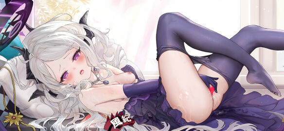 1girls black_horns blue_archive breasts demon_horns dress earrings elbow_gloves female floating_earring gloves halo hina_(blue_archive) hina_(dress)_(blue_archive) horns jewelry long_hair multi_horn necklace official_alternate_costume official_alternate_hairstyle pendant purple_dress purple_eyes purple_gloves pussy small_breasts solo spread_pussy spreading_own_pussy strapless strapless_dress white_hair yaomiaomiao young