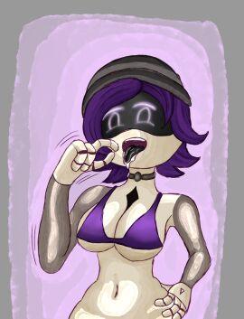 1girls 2d bikini_top darkgarde female female_only looking_at_viewer murder_drones open_mouth purple_eyes purple_hair robot robot_girl robot_humanoid saliva_drip solo tongue tongue_out uzi_(murder_drones)